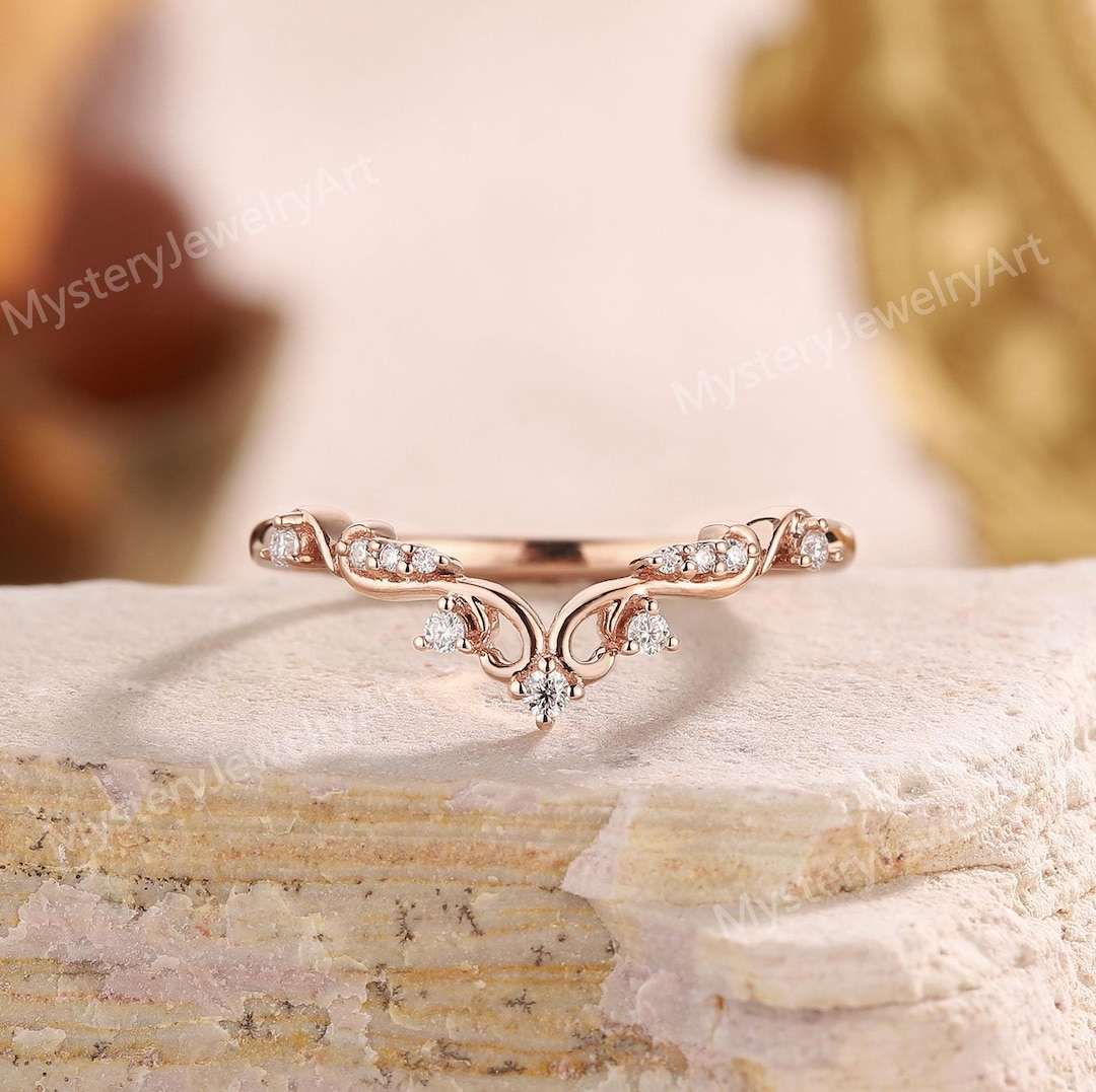 Unique Moissanite Wedding Band Rose Gold Floral Ring Art Deco Curved ...