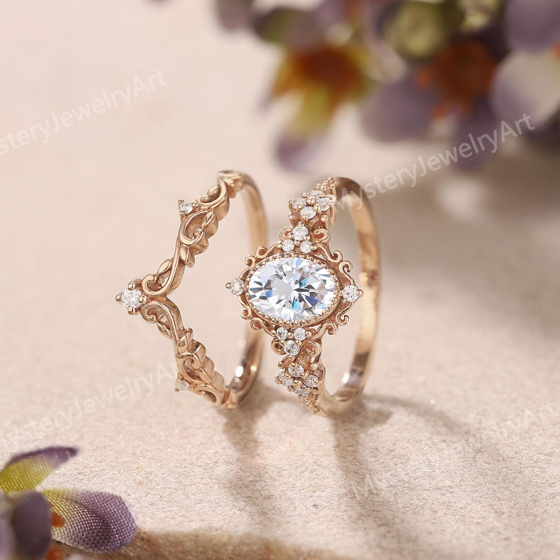 Vintage Moissanite Engagement Ring Set Solid Gold Bridal Set Leaf ...