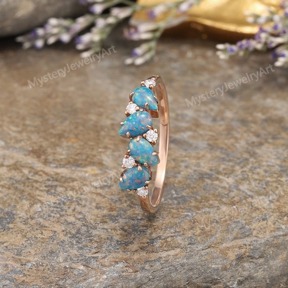 Unique Pear Shaped Blue Opal Wedding Band Rose Gold Moissanite
