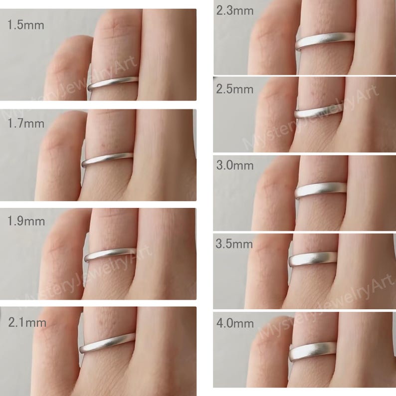 May include: A collection of silver rings in various widths, ranging from 1.5mm to 4.0mm, displayed on a finger. Each ring's width is clearly labeled in millimeters. The rings have a simple, smooth design, showcasing a minimalist aesthetic.