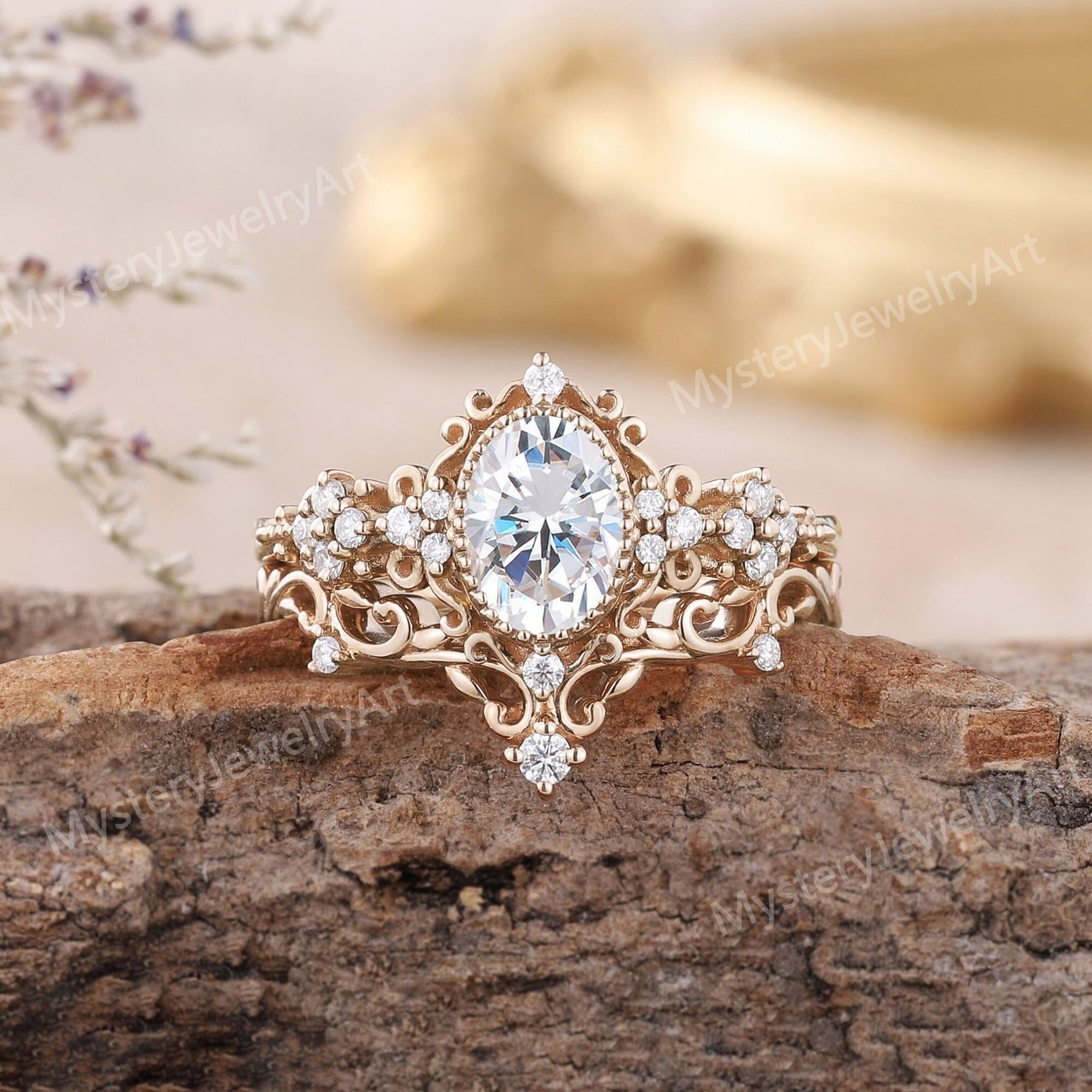 Vintage Moissanite Engagement Ring Set Solid Gold Bridal Set Leaf ...