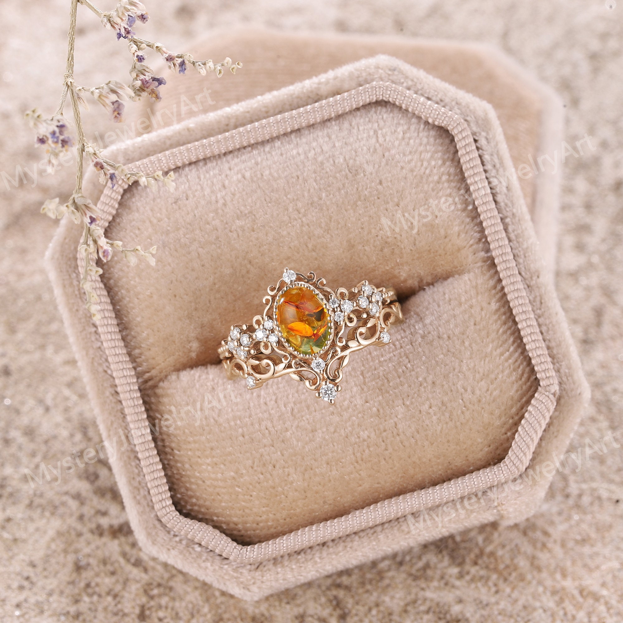 Vintage Amber Engagement Ring Set Solid Gold Amber Jewelry