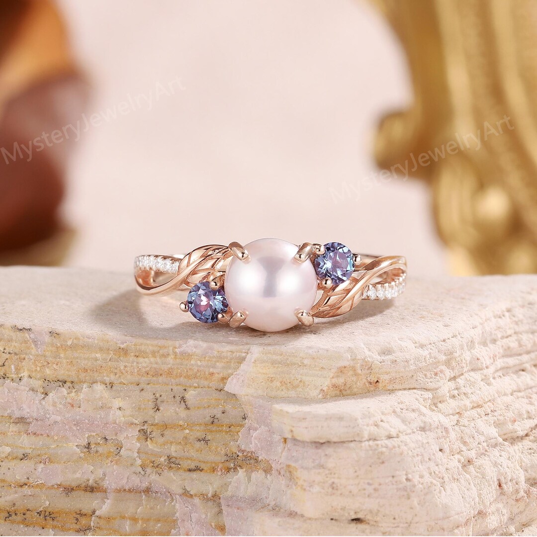 Vintage Pearl Engagement Ring Rose Gold Leaf Ring Alexandrite