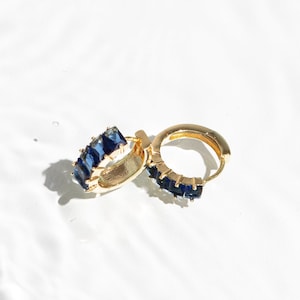 Dark Blue Stone Baguette Huggie Hoop Gold Avery Earring
