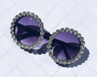 Rhinestone Diamonte Round Oversized Tinted Sunglasses - Perfect for Hens, Bridal Shower, Bachelorette and Bride to Be!