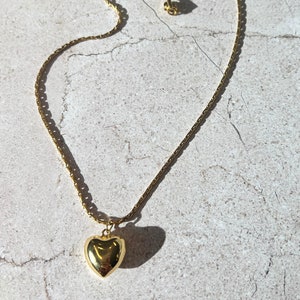 Gold Puffy Heart Pendant on Fine Link Chain Necklace