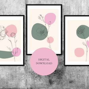 Set of Three Minimalistic Pink and Green Flower Wall Art, Romantic Bundle Printable Wall Art, Simple Girly Decor Print, Elegant Flowers Gift