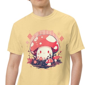 Kawaii Mushroom Design, Japanese-Inspired Men's Heavyweight Tee, Anime Style Cotton T-Shirt, Cute & Fashionable