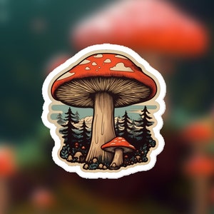 Puede incluir: Una pegatina con un gran hongo rojo con puntos blancos y un hongo más pequeño. La ilustración incluye una escena de bosque con pinos y un cielo azul. La pegatina tiene un borde blanco y una estética vintage.