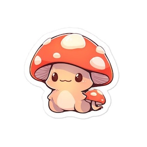 May include: A cartoon illustration of a red and white mushroom with a cute face. The mushroom is standing on a small, red and white mushroom.