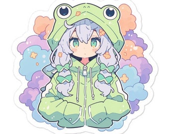 Adesivo de vinil com capuz e estampa de sapo kawaii Yui - Decalque fofo inspirado em anime - Perfeito para amantes de sapos, laptops, carros e fãs de estética pastel