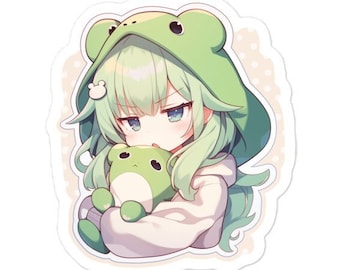 Adesivo de vinil com capuz Mimi the Grumpy Frog Girl – Decalque fofo inspirado em anime – perfeito para amantes de sapos, laptops, carros e fãs de humor kawaii