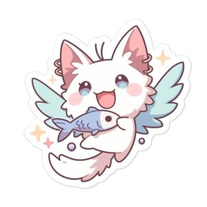 May include: A white cat with pink wings and a halo holds a blue fish in its paws. The cat has a happy expression and is surrounded by sparkles.