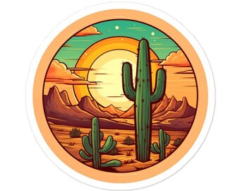 May include: A circular sticker with a desert sunset scene featuring a tall green cactus in the center, two smaller cacti in the foreground, and a bright orange sun setting behind mountains in the background.