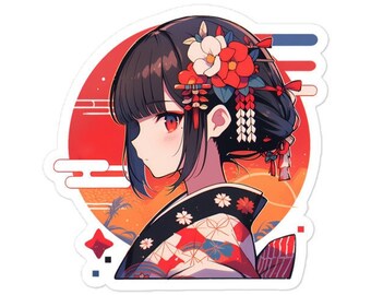 Puede incluir: Una ilustración digital de una mujer con cabello negro largo que lleva un kimono rojo y blanco con un diseño floral. Tiene ojos rojos y lleva una corona de flores. El fondo es una puesta de sol roja y naranja con palmeras.