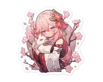 Sakura Girl and Fluffy Cat Vinyl Sticker - Blossom Bond Anime-Inspired Decal - Ideal for Cat Lovers, Anime Fans, Laptops, Cars
