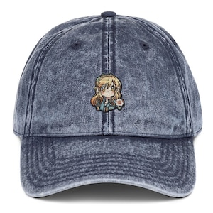 Anime Girl Embroidered Cap - Vintage Cotton Twill in Denim Hues - Perfect for Anime Lovers, Stylish Accessory with Golden Eye Detail