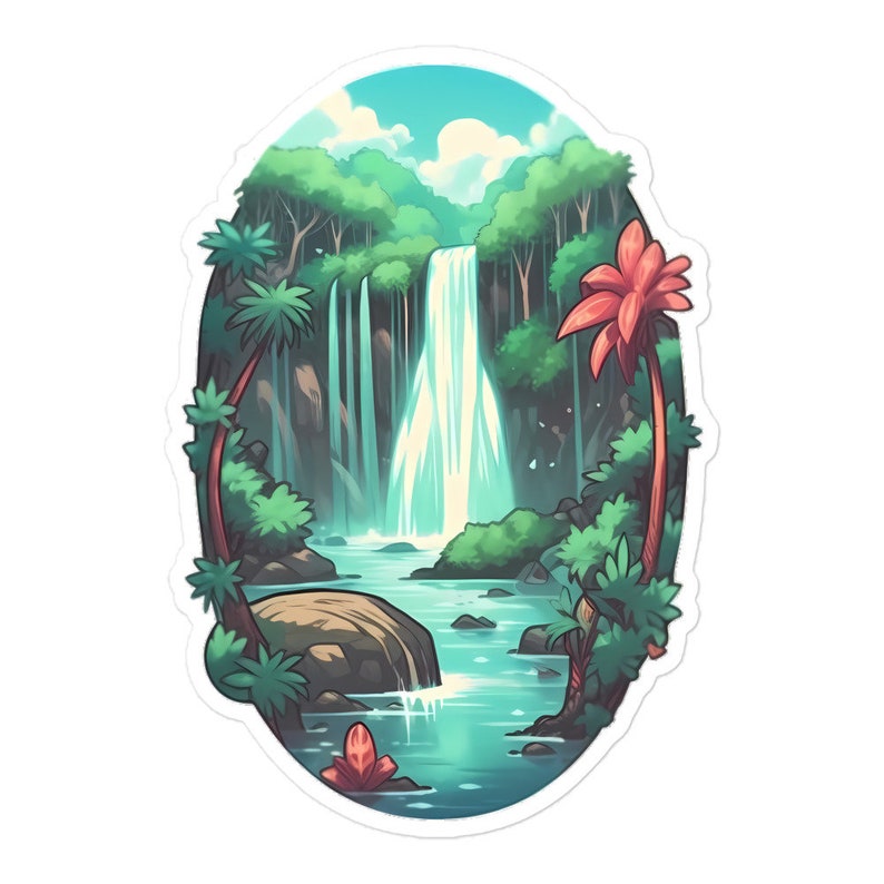 Vibrant Daytime Waterfall Vinyl Sticker - Oval - High-quality Decal ...