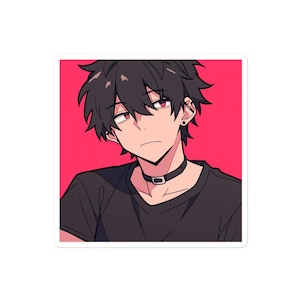 May include: A digital illustration of a young person with black hair, wearing a black shirt and a silver choker necklace. The background is a bright pink color.