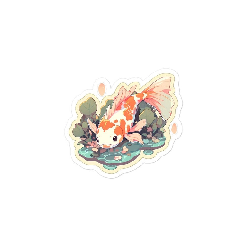 Puede incluir: Una pegatina con una ilustraci&oacute;n de dibujos animados de un pez koi blanco y naranja nadando en un estanque con nen&uacute;fares verdes y flores rosas.