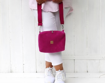 Boxybag Cord pink, Reißverschluss pink metallisiert, Umhängetasche, Crossbodybag, Schultertasche, Breitcord extra breite Rippen