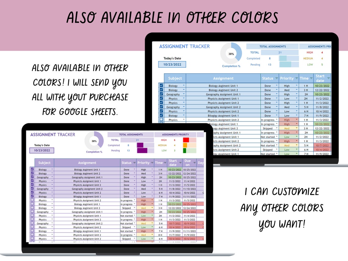 ASSIGNMENT TRACKER Google Sheets & Excel Template Homework - Etsy