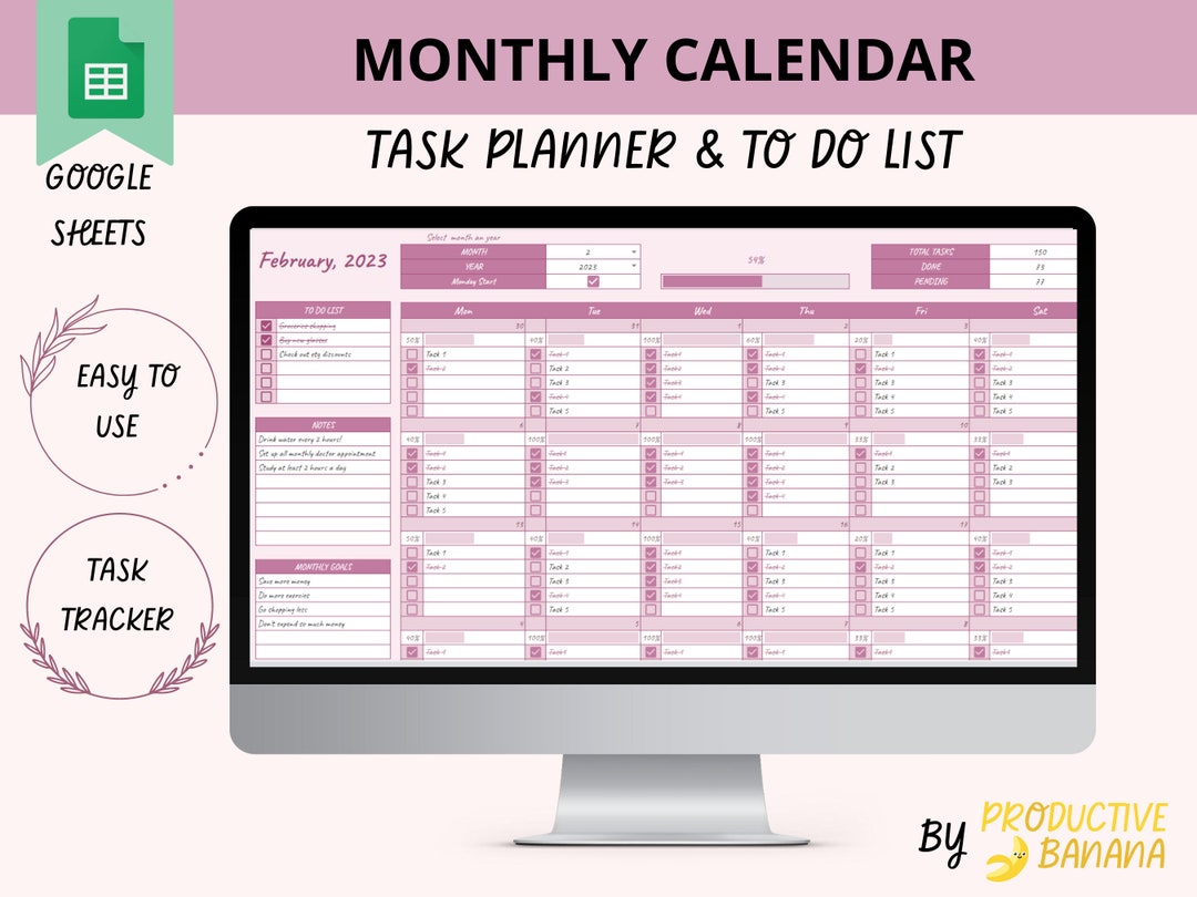 MONTHLY CALENDAR Google Sheets Spreadsheet to Do List Etsy
