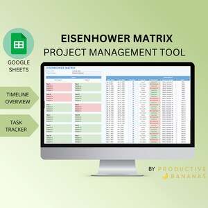 May include: A computer screen displaying a Google Sheets spreadsheet with the title "Eisenhower Matrix Project Management Tool". The spreadsheet is divided into four quadrants, with each quadrant representing a different level of urgency and importance. The spreadsheet is used to track tasks and deadlines.