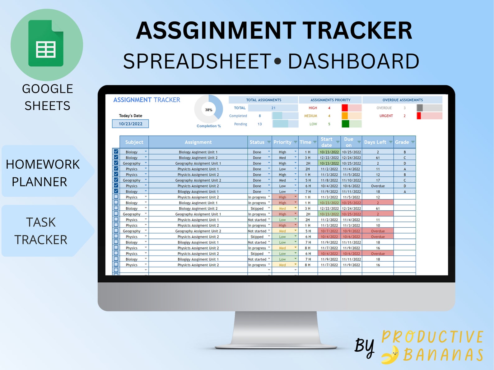 ASSIGNMENT TRACKER Google Sheets Template Homework Planner College and ASSIGNMENT TRACKER Google Sheets Template Homework Planner College and