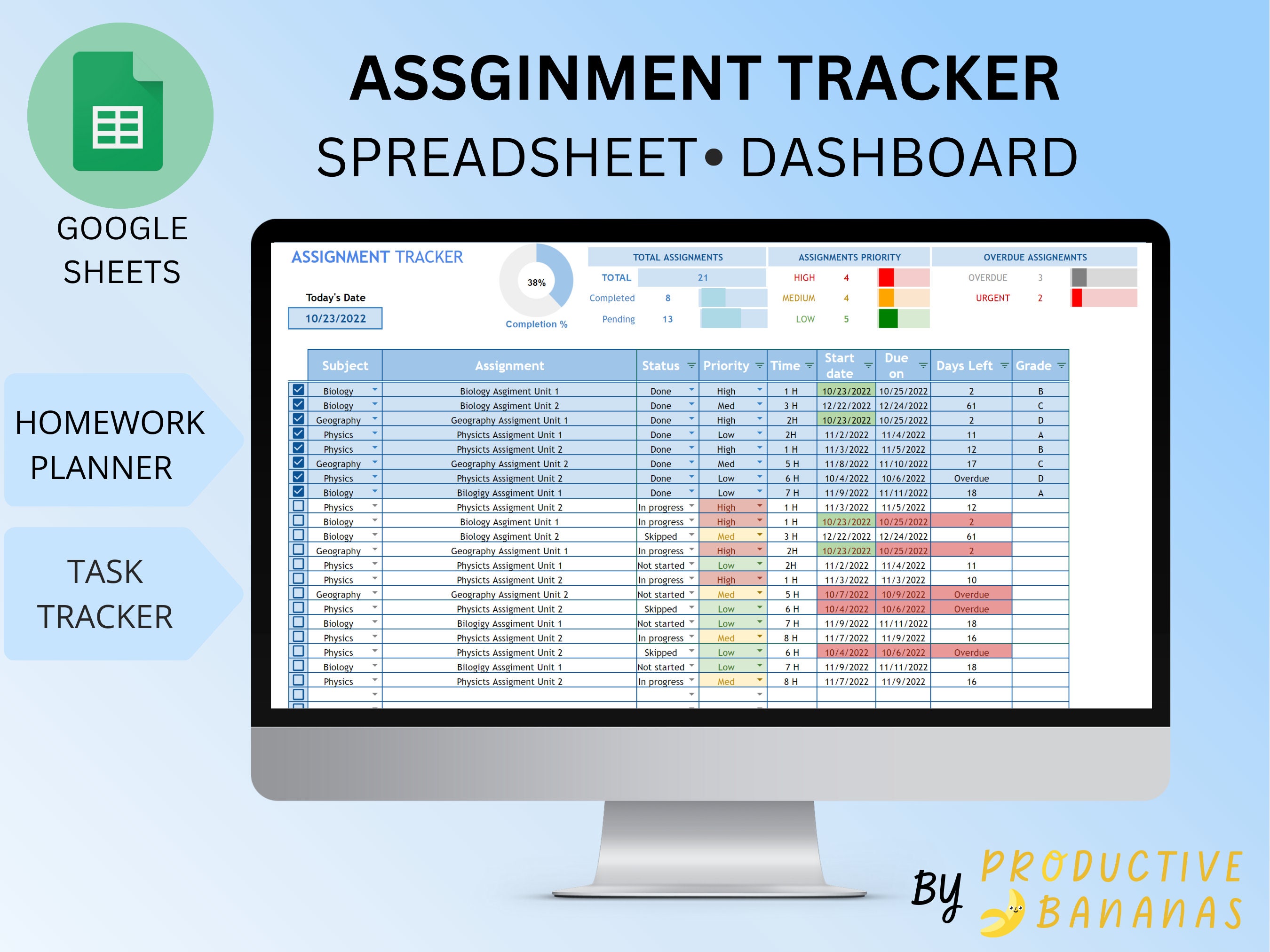 ASSIGNMENT TRACKER Google Sheets Template Homework Planner College And 