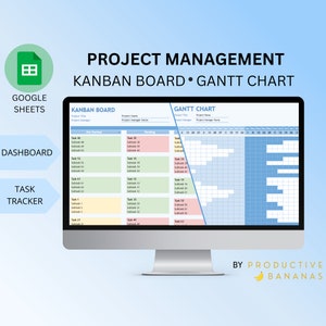 Gestión de proyectos / Tablero Kanban y diagrama de Gantt / Planificador de negocios, ágil / Hoja de cálculo digital de Google Sheets / Sin fecha, totalmente personalizable