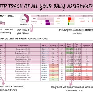 ASSIGNMENT TRACKER Google Sheets & Excel Template Homework - Etsy