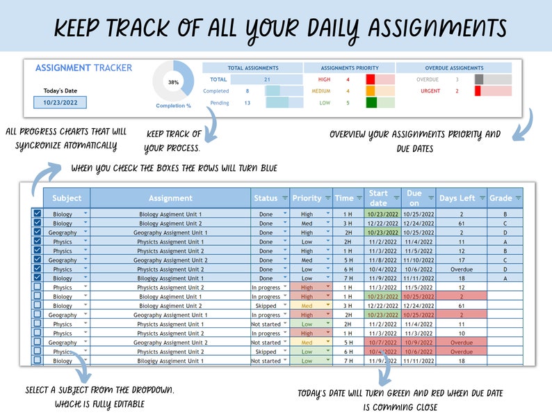 ASSIGNMENT TRACKER Google Sheets Template Homework Planner Etsy