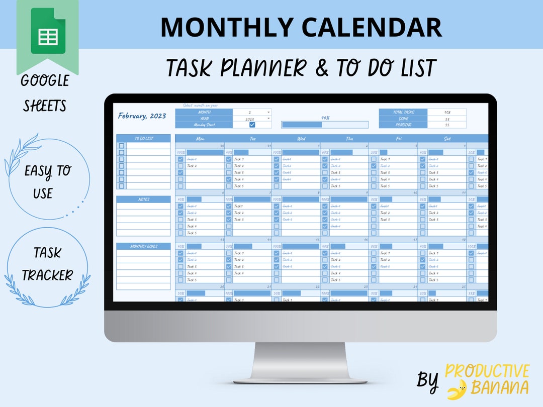 MONTHLY CALENDAR Google Sheets Spreadsheet to Do List Etsy