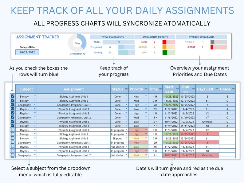ASSIGNMENT TRACKER Google Sheets Template Homework Planner College and ...