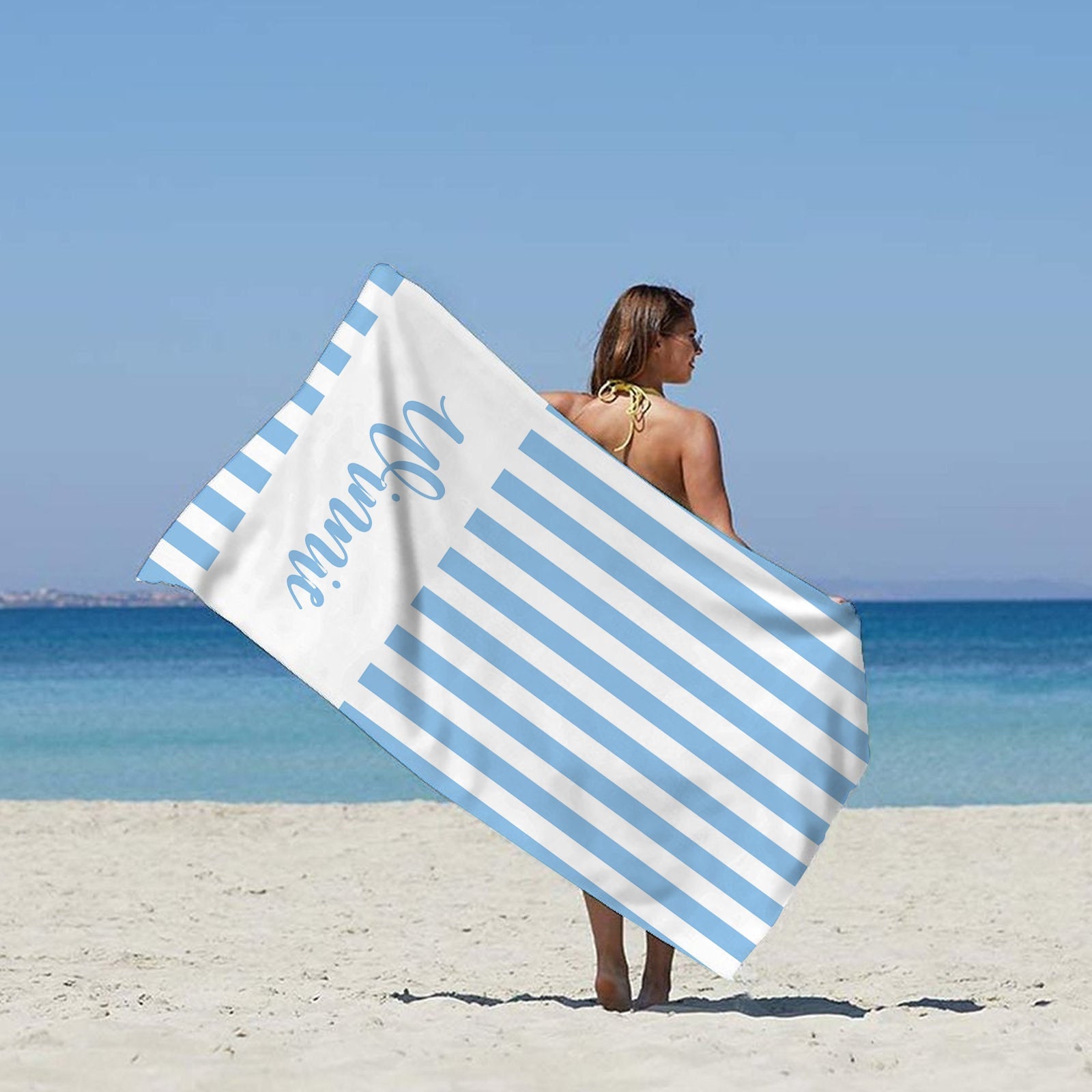 Embroidered Cabana Stripe Beach Towel - Royal Blue