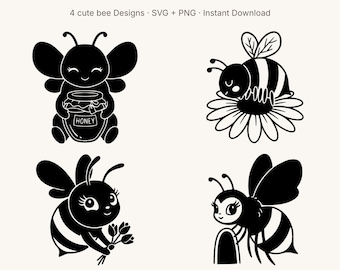 Cute Bee SVG Bundle | Bumble Bee PNG Pack | Kawaii Bee Silhouette Cricut Cut File | Nursery Sticker Tumbler Decal Clipart