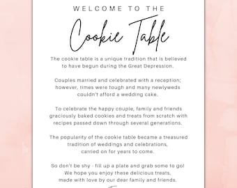 May include: A white sign with black text that reads "Welcome to the Cookie Table". The text explains the history of the cookie table tradition, which began during the Great Depression. It also says that the cookies are made with love by family and friends. The sign has the word "Enjoy!" at the bottom.