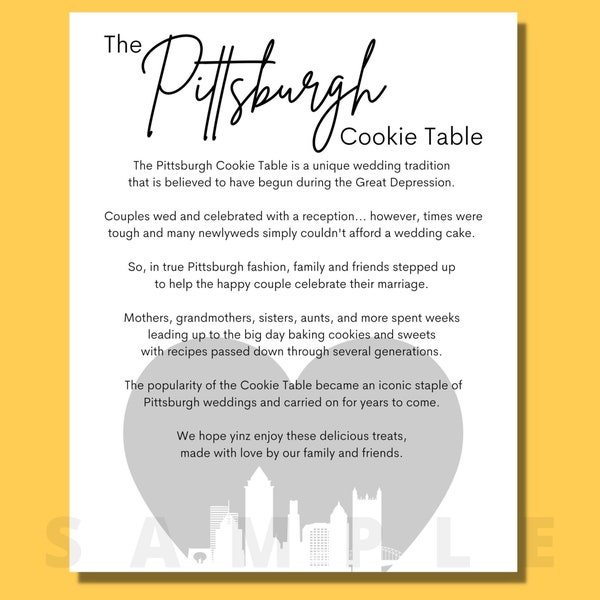 Pittsburgh Cookie Table Sign JPG Download 8x10 | 16x20 inches - Heart with Pittsburgh Skyline, two font color options, printable