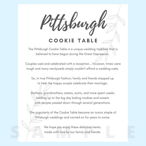 Pittsburgh Cookie Table Sign imprimible PDF Descarga digital - Diseño de hojas 8x10