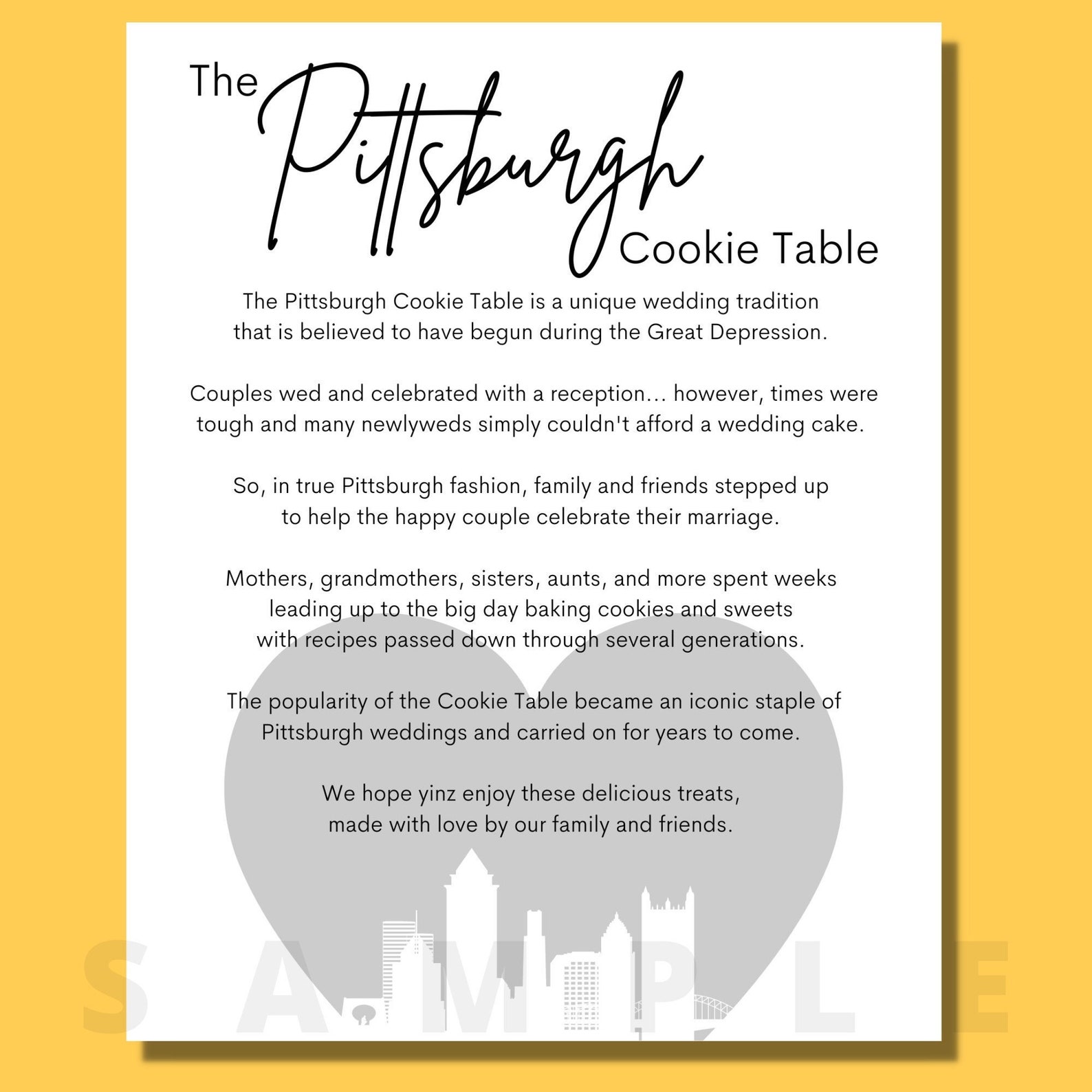 Pittsburgh Cookie Table Sign JPG Download 8x10 | 16x20 Inches - Heart ...