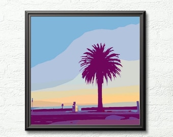 Palm tree silhouette, digital download, sunset wall art, instant printable, room decor, Melbourne landscape, St Kilda beach, Miami vibes