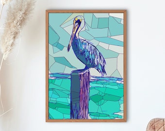 Pelican wall art, digital download, artful seascape, abstract bird, beach room decor, beach house wall decor, nautical wall decoration