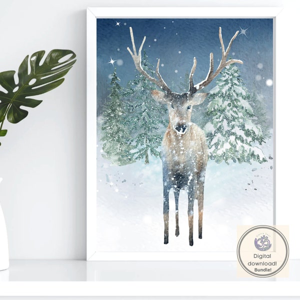 Cerf dans la neige, impression en téléchargement numérique instantané, décoration de scène d'hiver, cerf avec sapins dans une tempête de neige, décorations murales de paysages