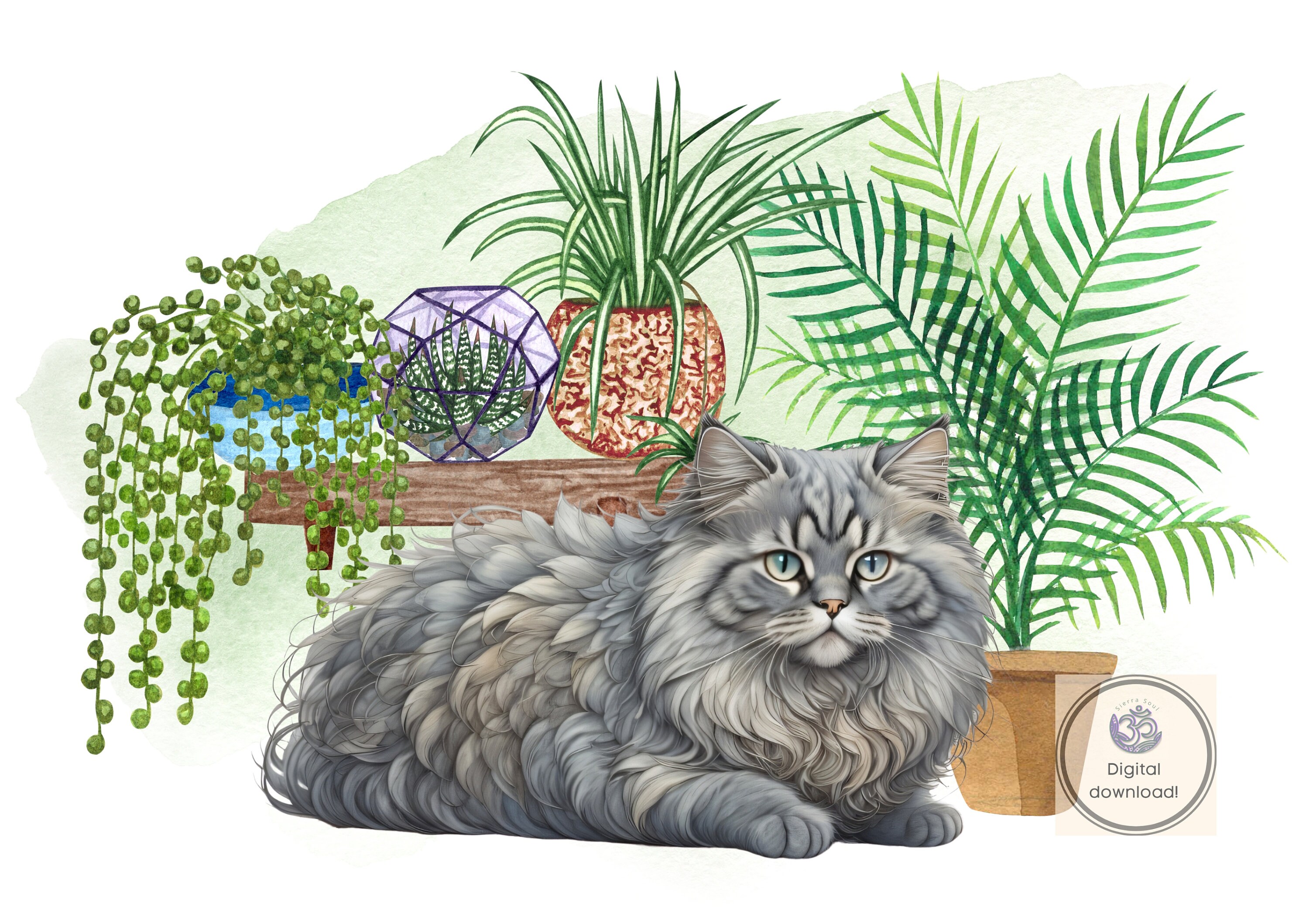 Persian Cat Wall Art, Digital Download Print, Fluffy Grey Cat Sitting