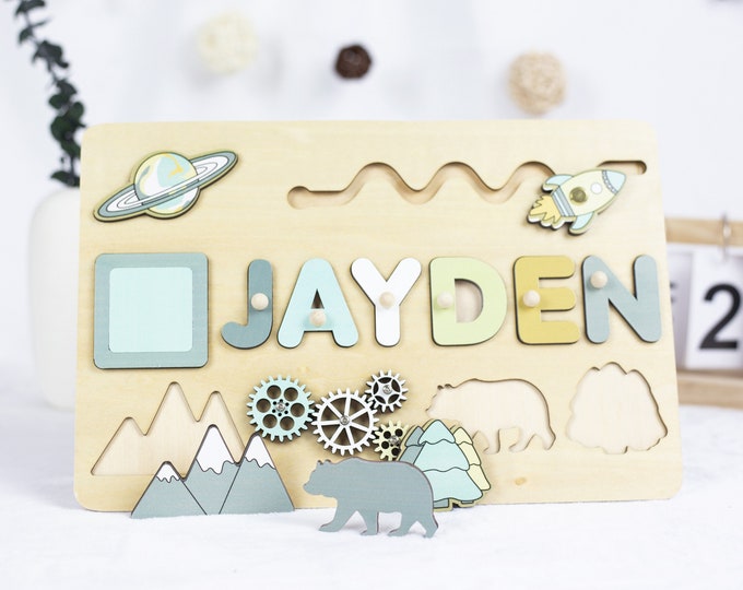 Wooden Name Puzzle with Animals -Custom Name-Educational Toys - Boy's Name Puzzle- Birthday Gift - Nursery Decoration