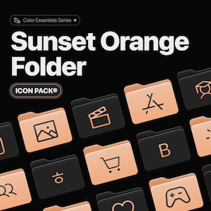 Puede incluir: Conjunto de iconos de carpetas digitales en naranja atardecer y negro. La imagen presenta el texto "Sunset Orange Folder" y "ICON PACK®". Los iconos incluyen símbolos para un carrito de compras, una claqueta de cine y un birrete.