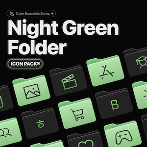 May include: A collection of digital folder icons in a night green and black color scheme. The words "Night Green Folder" are displayed in large white text. The icons include a shopping cart, a film clapper, and a graduation cap.