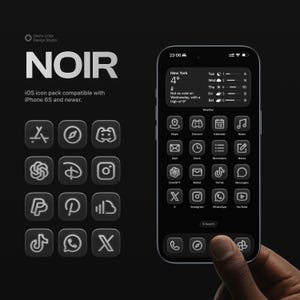 Può includere: Un pacchetto di icone iOS a tema scuro, chiamato "NOIR", con un design minimalista. L'immagine mostra icone di app e un'interfaccia per smartphone, con un meteo che mostra 4 gradi. Compatibile con iPhone 6S e successivi.