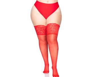 Sexy Stockings bbw, Rote Plus Size Strümpfe halterlos, Straps-Strümpfe mit Spitze, Curvy Dessous, transparent